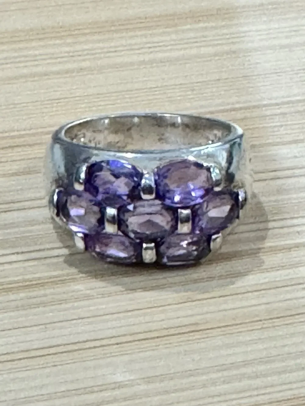 Vintage Sterling Silver 9 Stone Natural Amethyst Cluster Ring Size 6 Wide Band